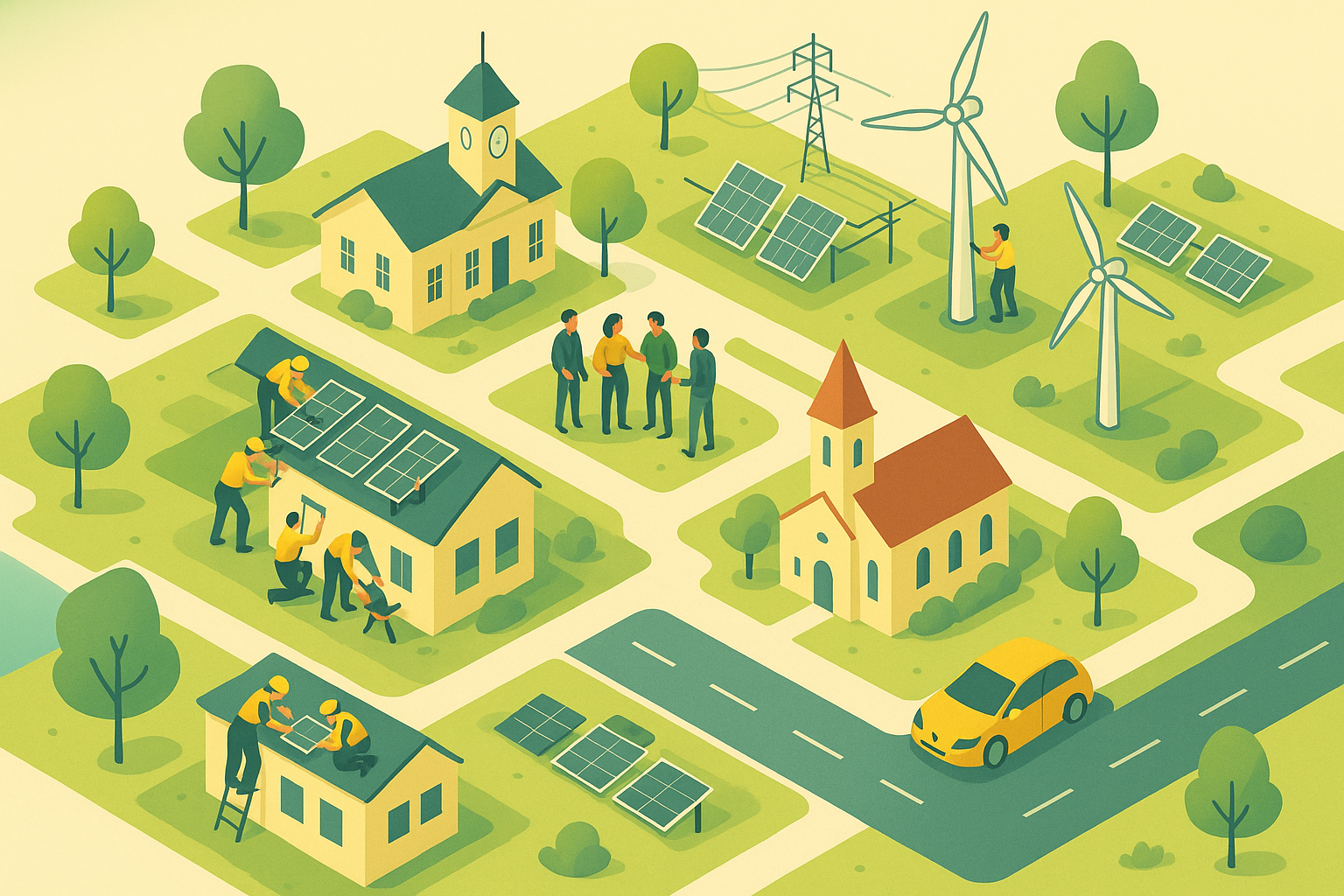 Menschen in einer Gemeinde arbeiten gemeinsam an der Energiewende