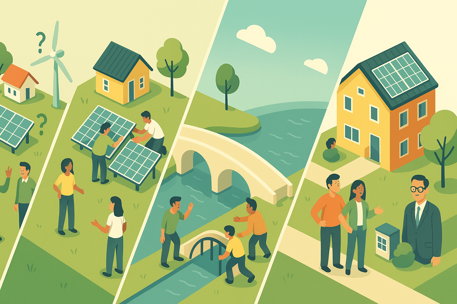 Im Bild werden 4 Szenen sozialer Dilemmata im Kontext der kommunalen Energiewende dargestellt: Standortdilemma, Trittbrettfahrerproblem, Assurance-Spiele und Nutzer-Investor-Dilemma.